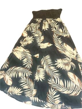 Black Maxi Dress with Cream Tropical Leaf Print